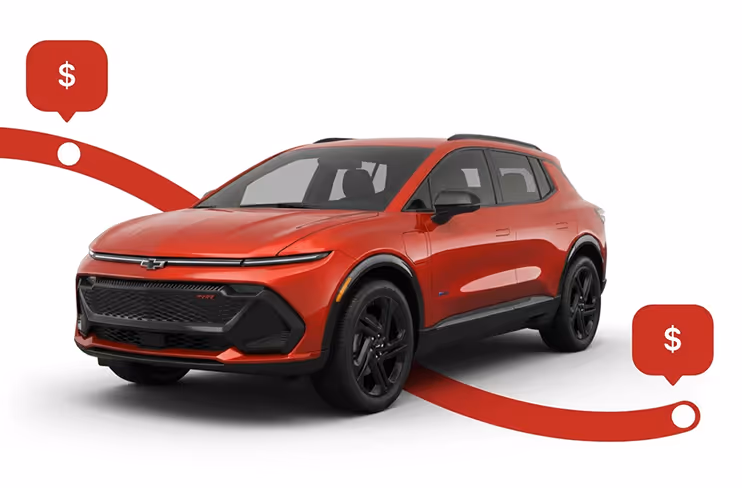 Red Chevrolet Blazer RS SUV with black wheels on a white background and dollar sign icons connected by a red curved line.