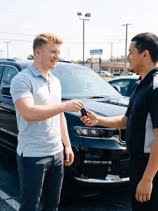 Man in light blue polo shirt receiving car keys from another man in a black and gray shirt in front of a black SUV in a parking lot.