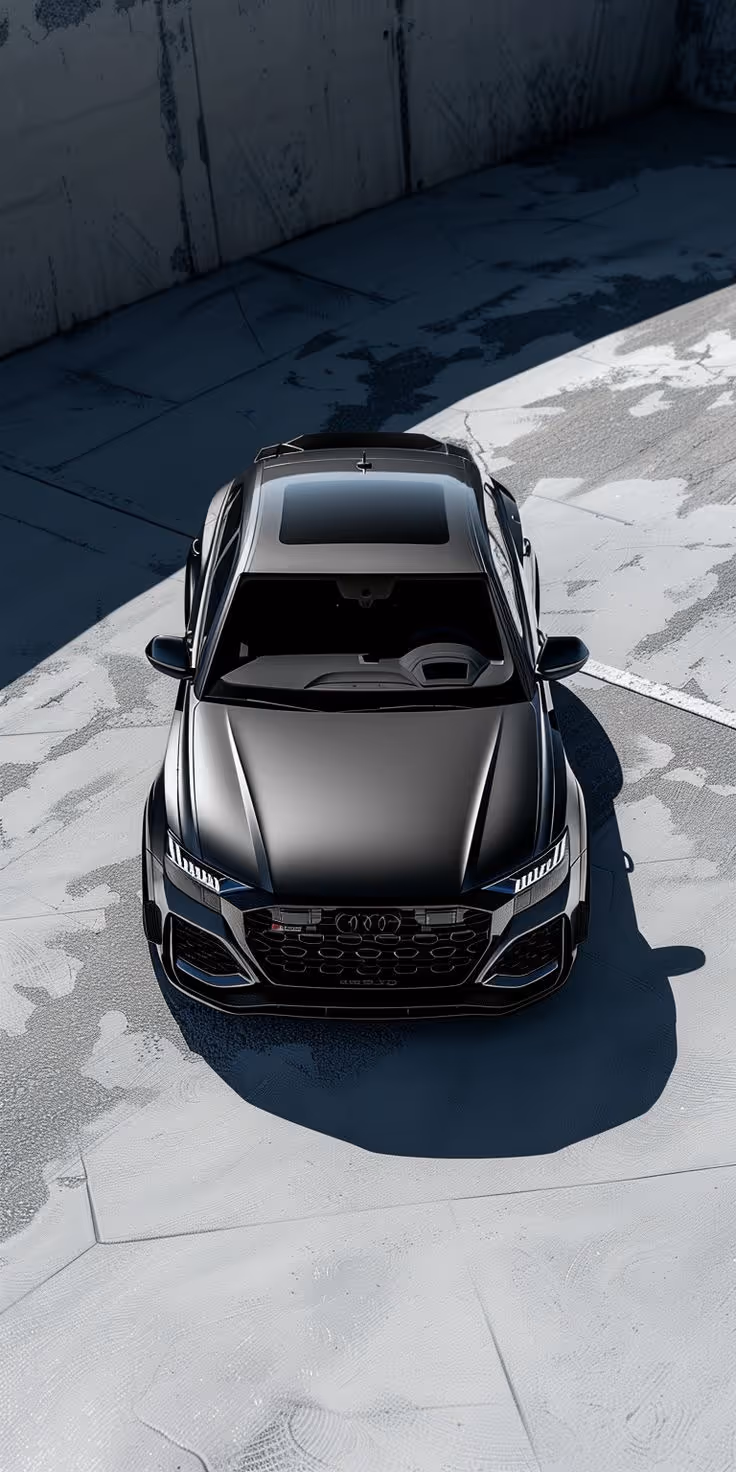 Top view of a matte black Audi SUV parked on a textured concrete surface with shadows.