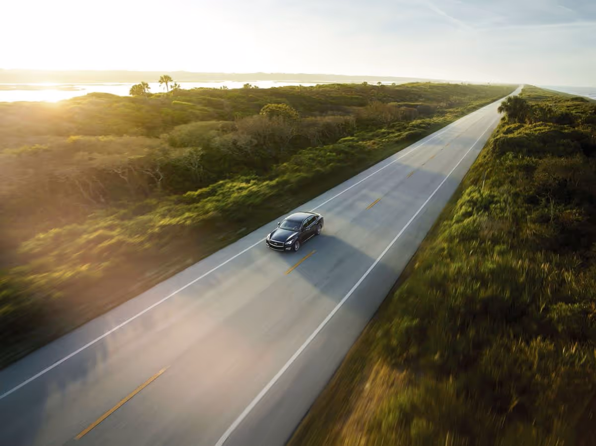 Black sedan driving on a long, empty road surrounded by green bushes at sunset.