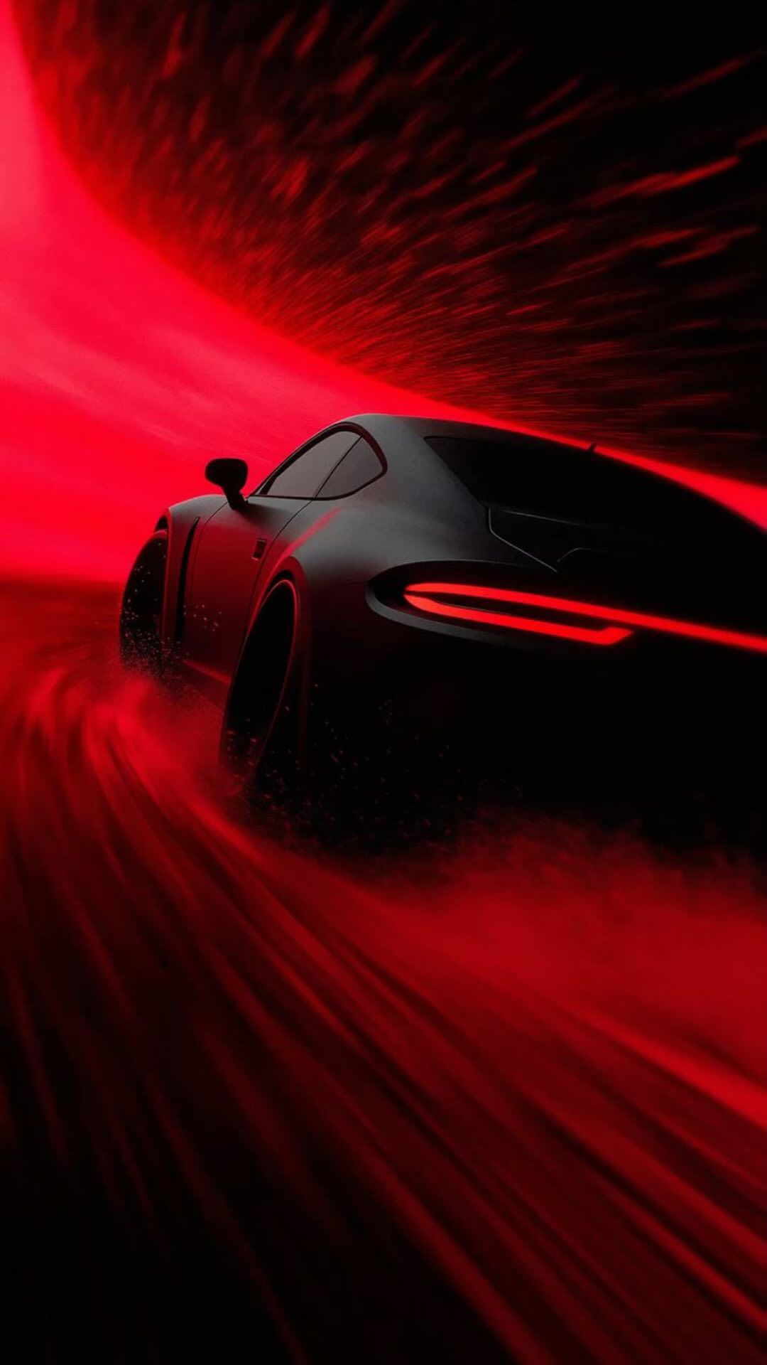 Rear view of a sleek black sports car driving fast with glowing red taillights and dynamic red light trails.