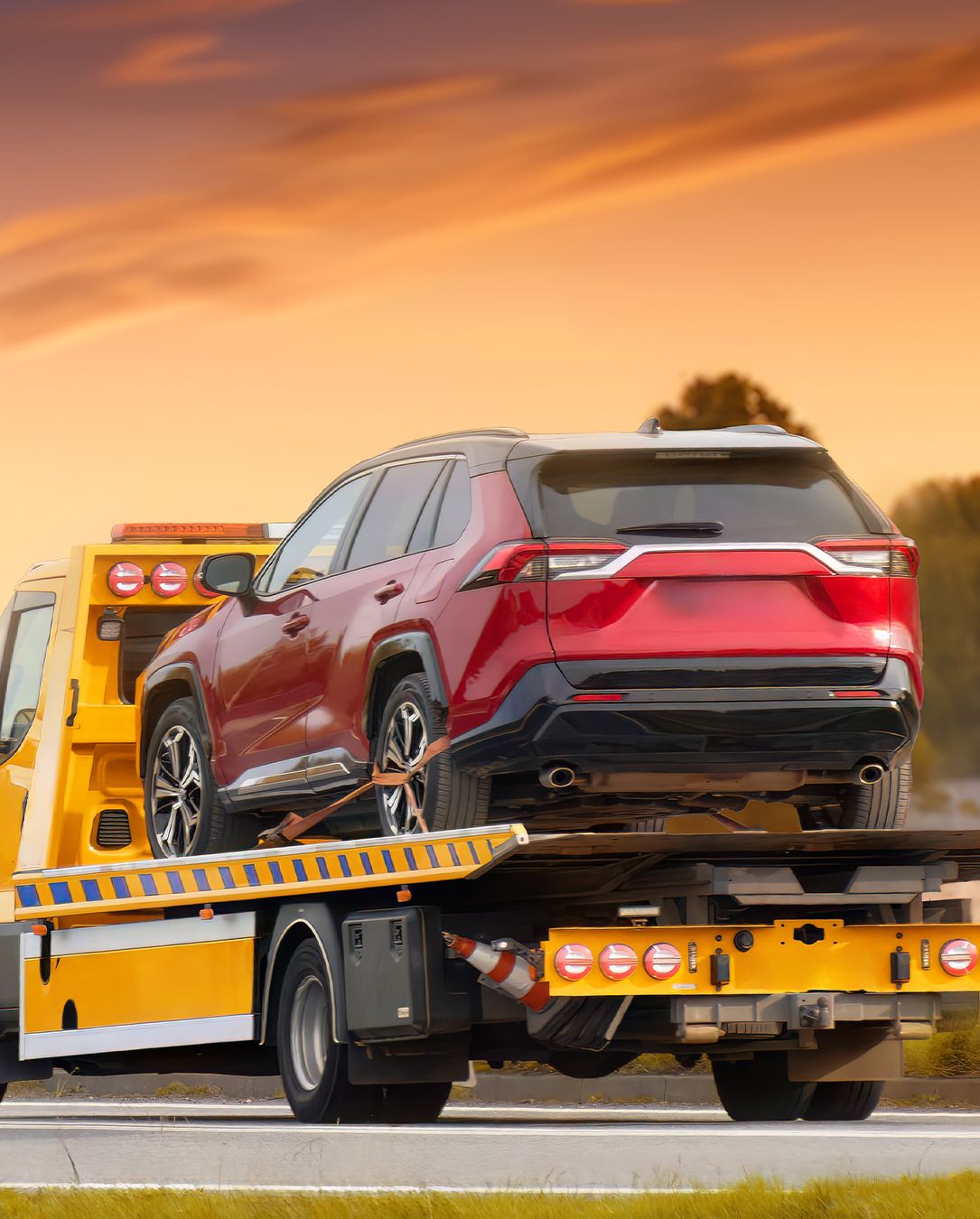 Red SUV secured on a yellow flatbed tow truck at sunset.