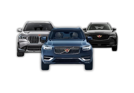 Front view of three luxury SUVs in blue, silver, and black, positioned side by side with the blue vehicle centered.