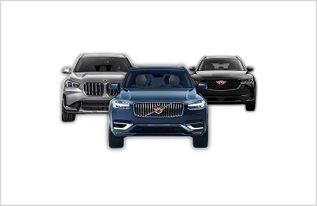Front view of three Volvo SUVs in silver, blue, and black colors arranged in a row.