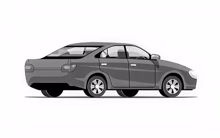Side view illustration of a gray four-door sedan car with a slightly sloped rear roof.