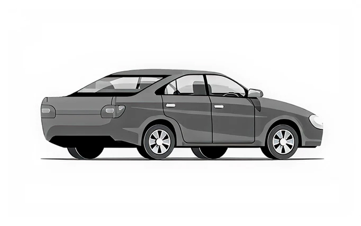 Side view illustration of a gray four-door sedan car with a slightly sloped rear roof.