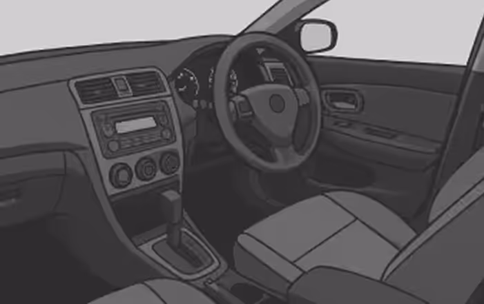 Interior view of a car showing the steering wheel, dashboard with controls, front seats, and gear shift.