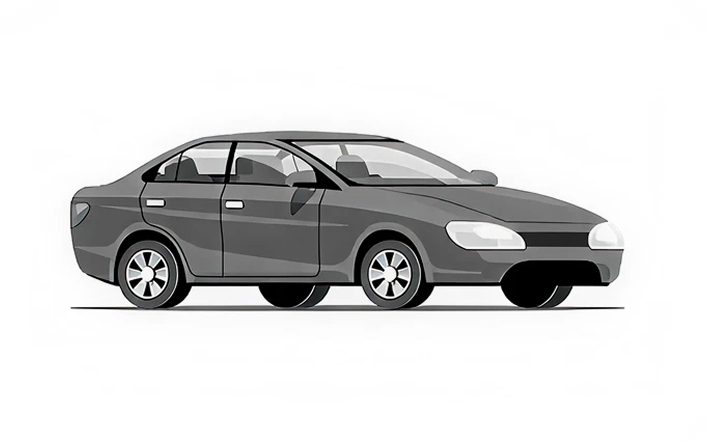 Gray four-door sedan car illustrated from a side front angle on a white background.