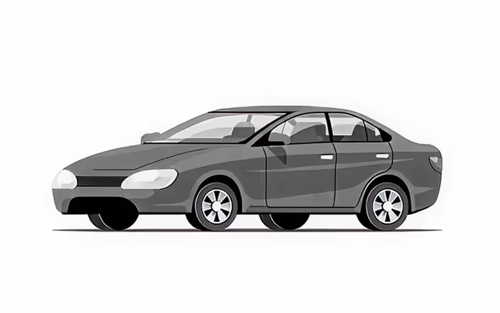 Illustration of a gray four-door sedan car viewed from the front side.