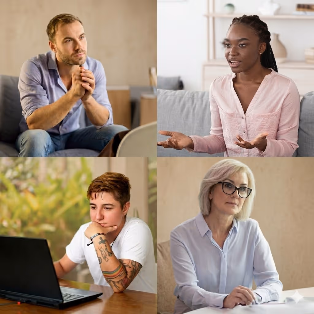Four diverse people engaged thoughtfully in conversations, including a man, two women, and a tattooed person.