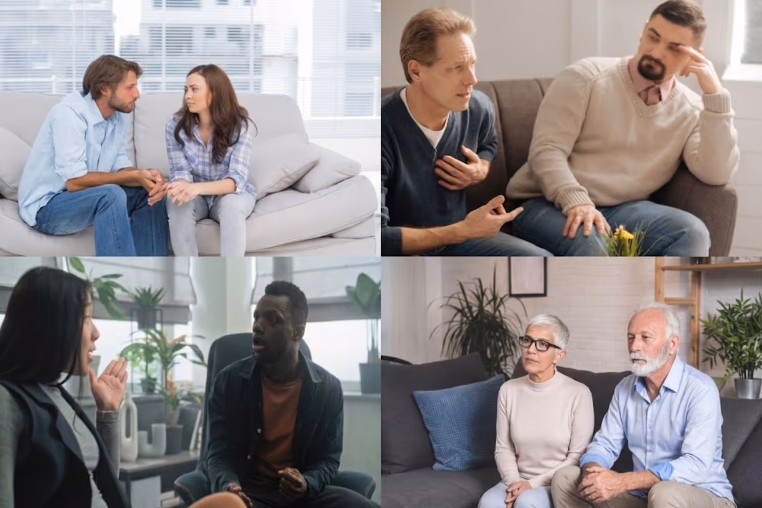 Four couples sitting and talking with varied emotional expressions in indoor settings.