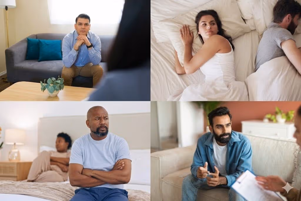 Collage of people in therapy or relationship struggles, showing serious and thoughtful expressions.