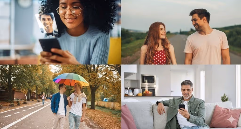 Collage of four images showing diverse people on dates or video chatting using phones.
