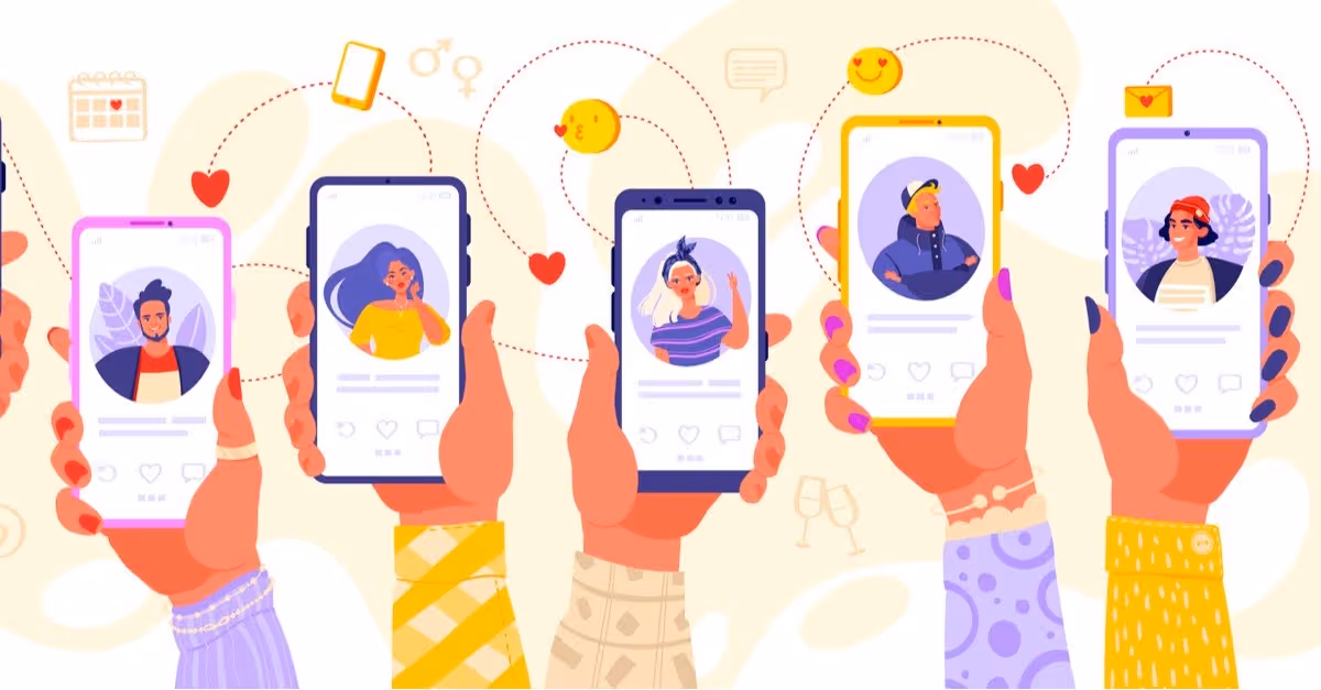 Hands holding smartphones showing dating profiles with hearts and emojis connecting them.