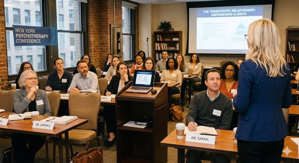 Instructor presenting to attentive adults at the New York Psychotherapy Conference in a classroom setting.