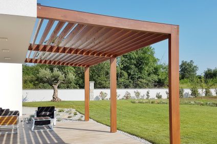 wood pergola in backyard
