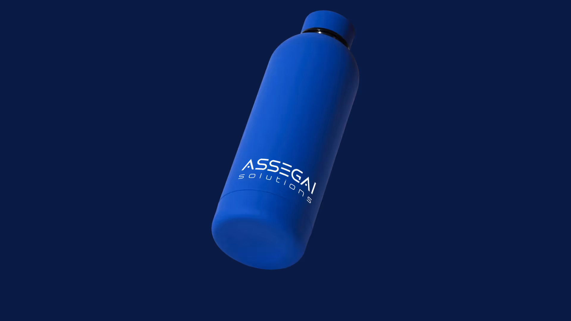 Blue insulated water bottle with the white text 'ASSEGAI solutions' on a dark blue background.