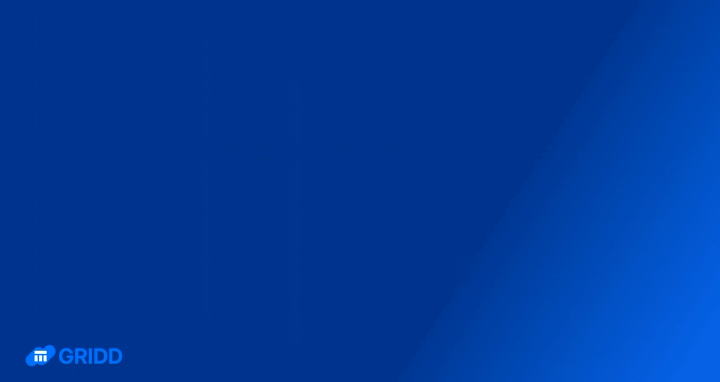 Animated GIF showing three vertical bars being reordered horizontally from left to right on a blue gradient background with a GRID logo in the bottom left corner.