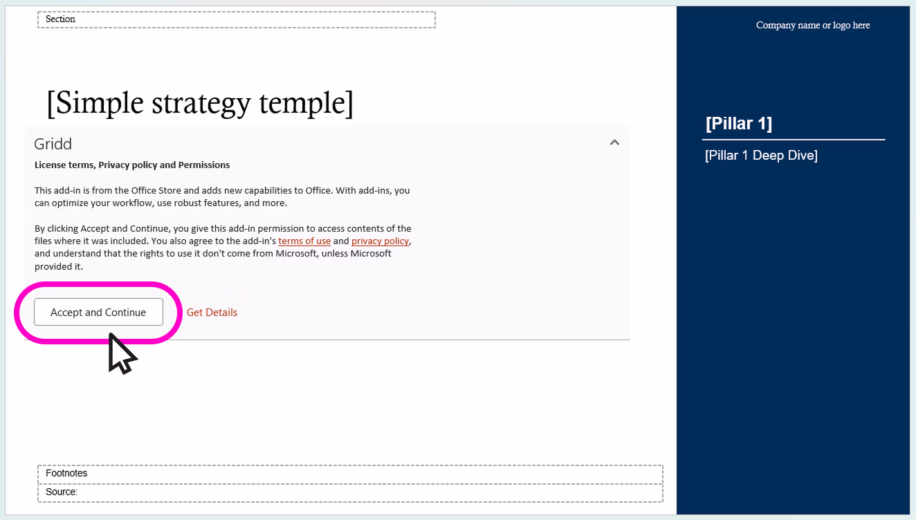 Screenshot of the Gridd add-in consent popup with a cursor pointing at the Accept and Continue button outlined in pink.