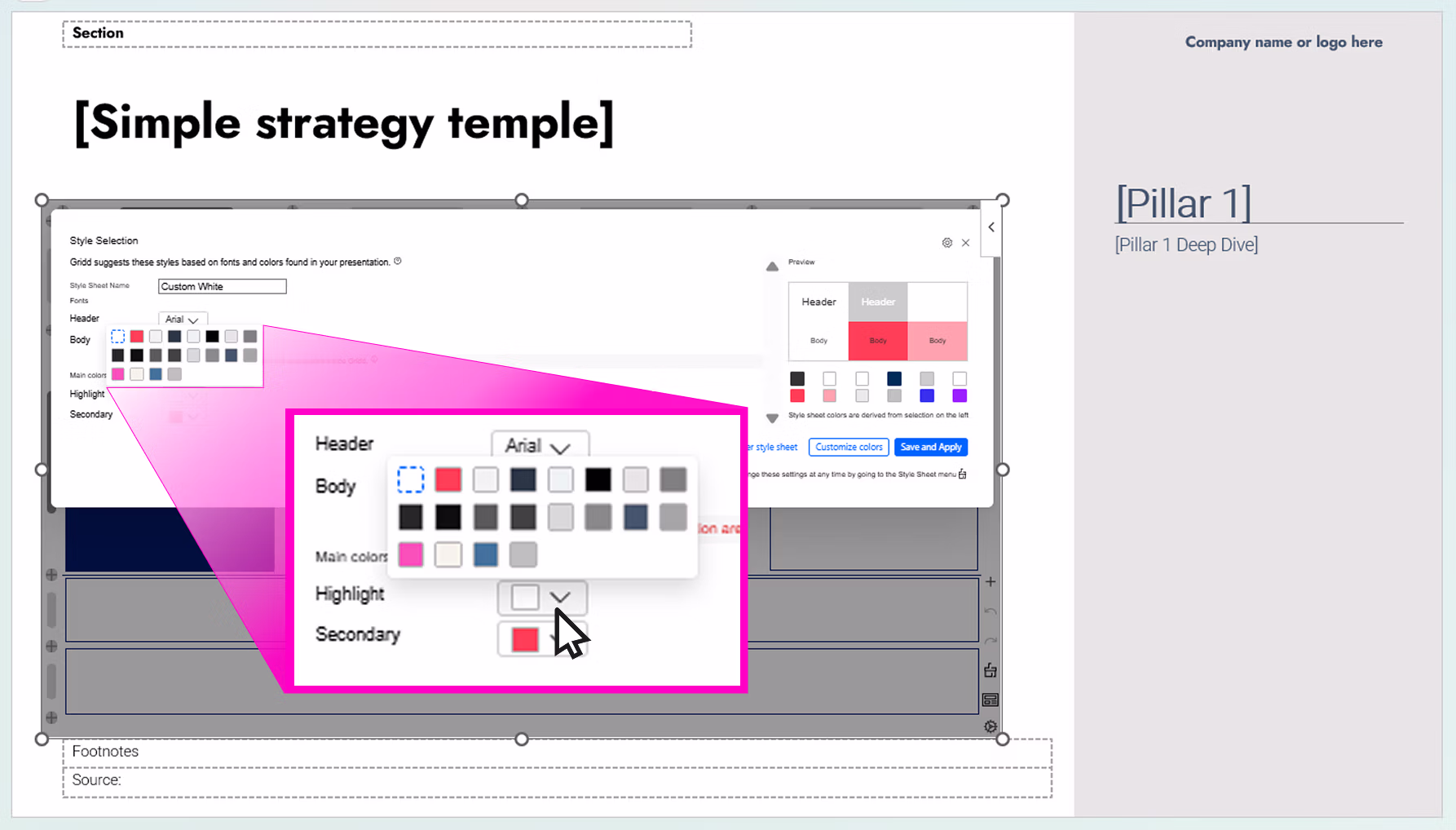 Presentation slide titled Simple strategy template showing a style selection menu with font and color options, including a zoomed-in view of color selections for Header, Body, Highlight, and Secondary.