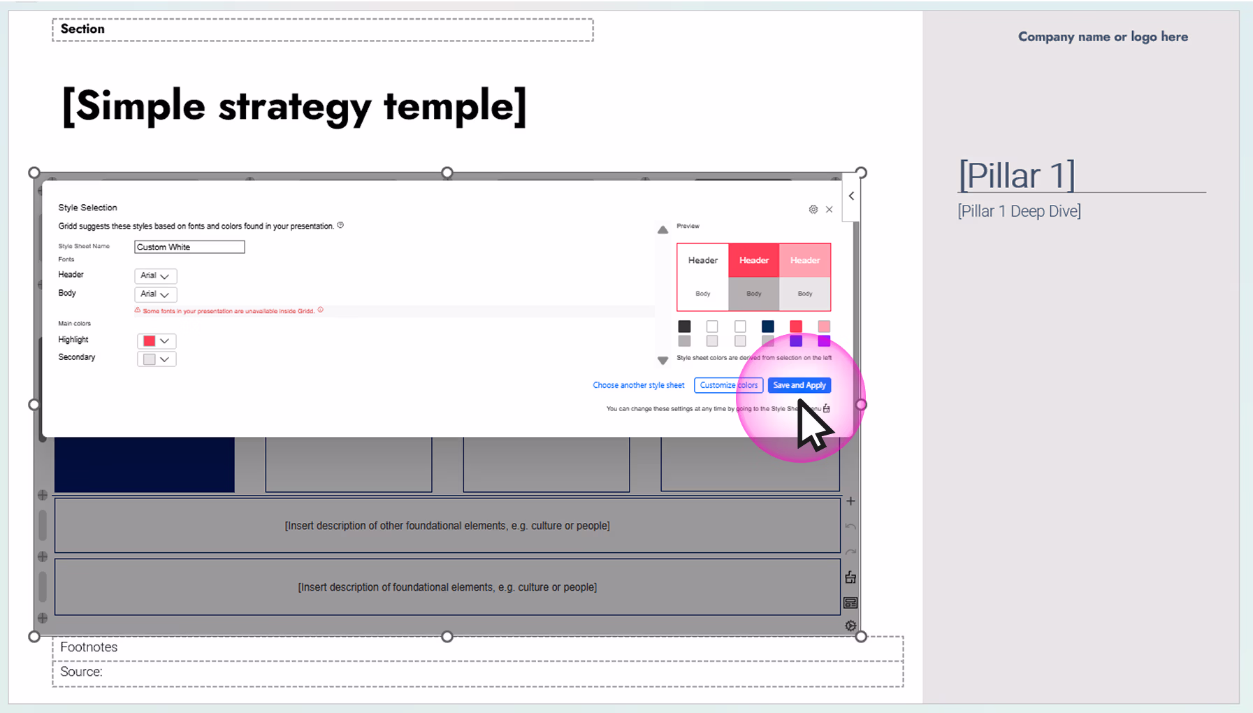 Slide titled 'Simple strategy temple' showing a style selection popup with font and color options, and a cursor clicking 'Save and Apply' button.