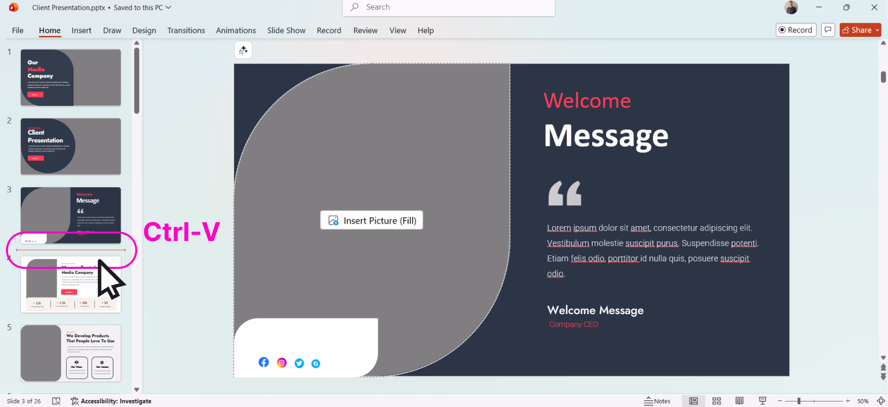 PowerPoint slide titled 'Welcome Message' with placeholder for picture, lorem ipsum text, and social media icons at bottom left.
