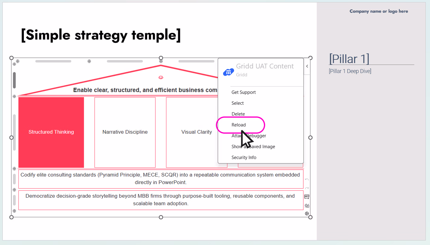 Screenshot of a simple strategy template with three pillars: Structured Thinking, Narrative Discipline, and Visual Clarity, alongside a context menu highlighting the Reload option.