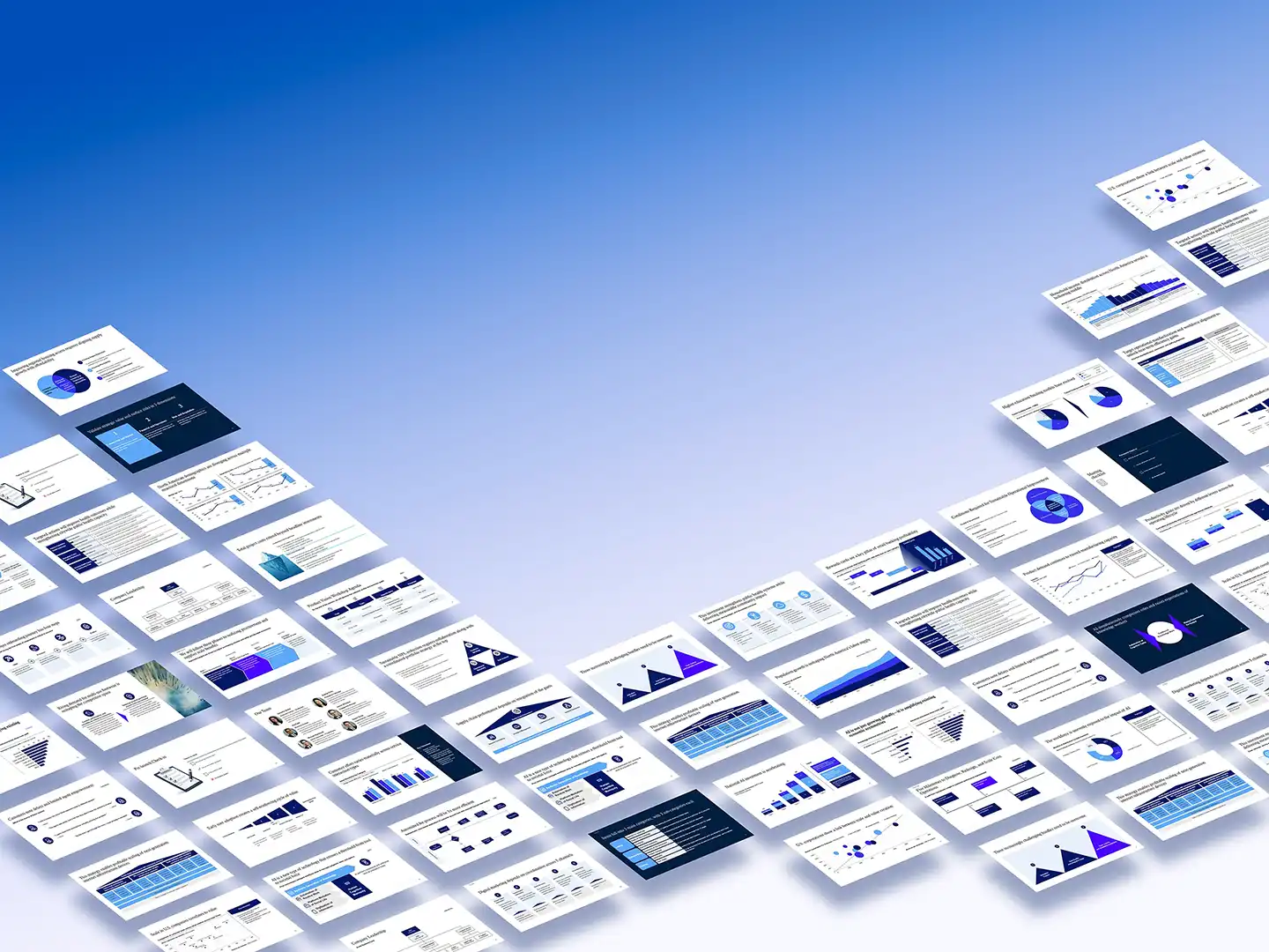 Multiple floating presentation slides with charts, graphs, and text on a gradient blue background.