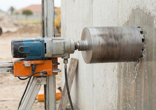 Diamantboring i betonvæg med industriel boremaskine og vandkøling.