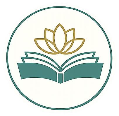 Logo featuring a stylized open book in green with a gold lotus flower above it, enclosed in a circular border.