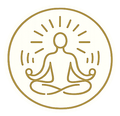 Outline of a person sitting cross-legged in meditation with radiant lines around the head inside a circular frame.