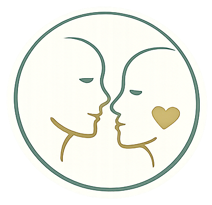 Minimalist drawing of two faces in profile, facing each other inside a circle, with a heart shape on the cheek of the right face.