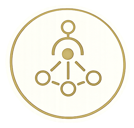 Gold network or connection icon with central circle connected to four surrounding circles inside a gold-bordered white circle.