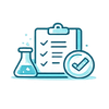 Icon of a clipboard with a checklist, a laboratory flask emitting bubbles, and a checkmark symbol.