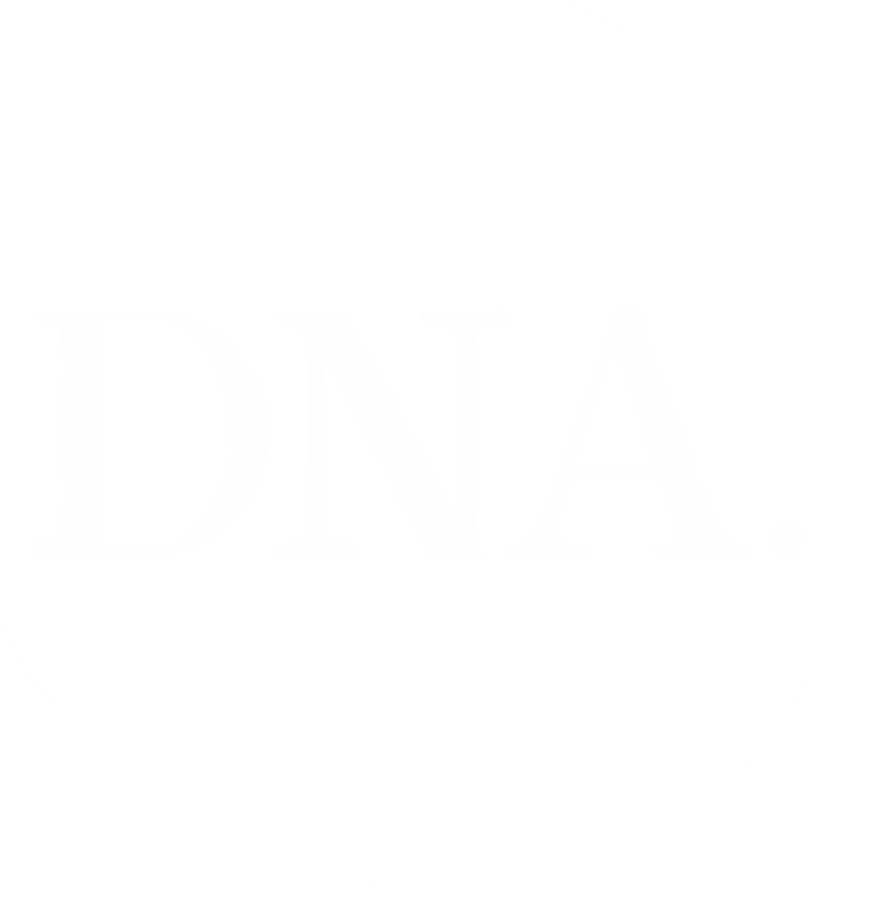 Logo with the letters DNA in a serif font enclosed within a roughly drawn circle.