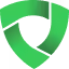 Abstract interlocking shapes in green, blue, and red forming a curved triangular design.