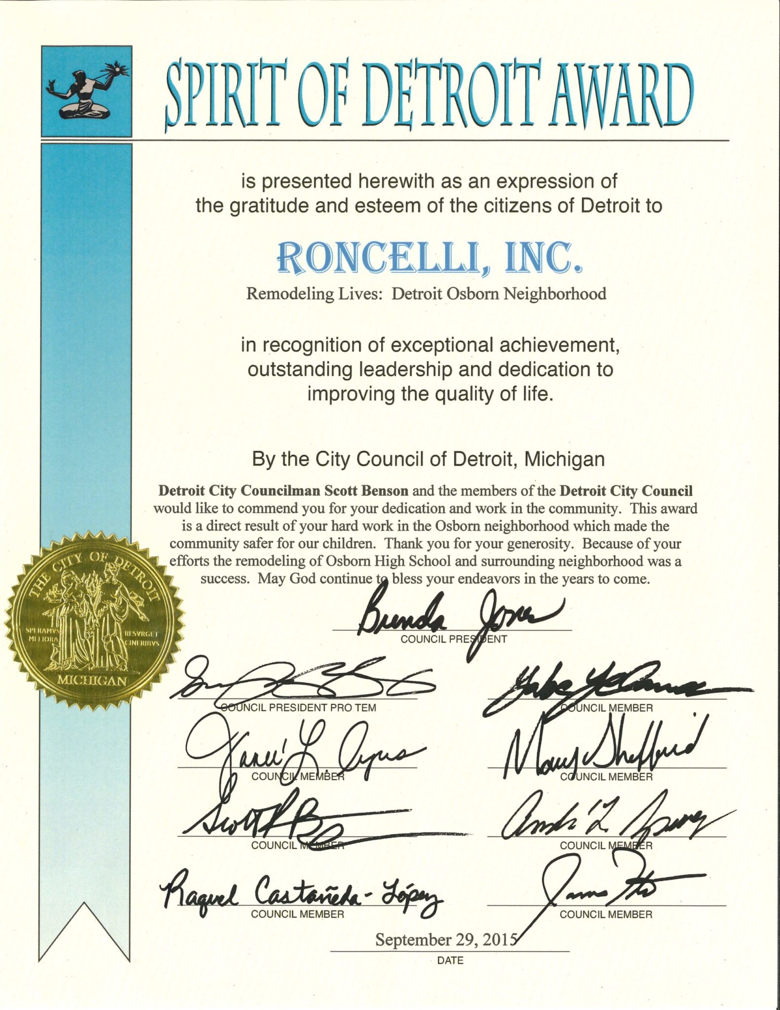 Roncelli is Presented with the Spirit of Detroit Award