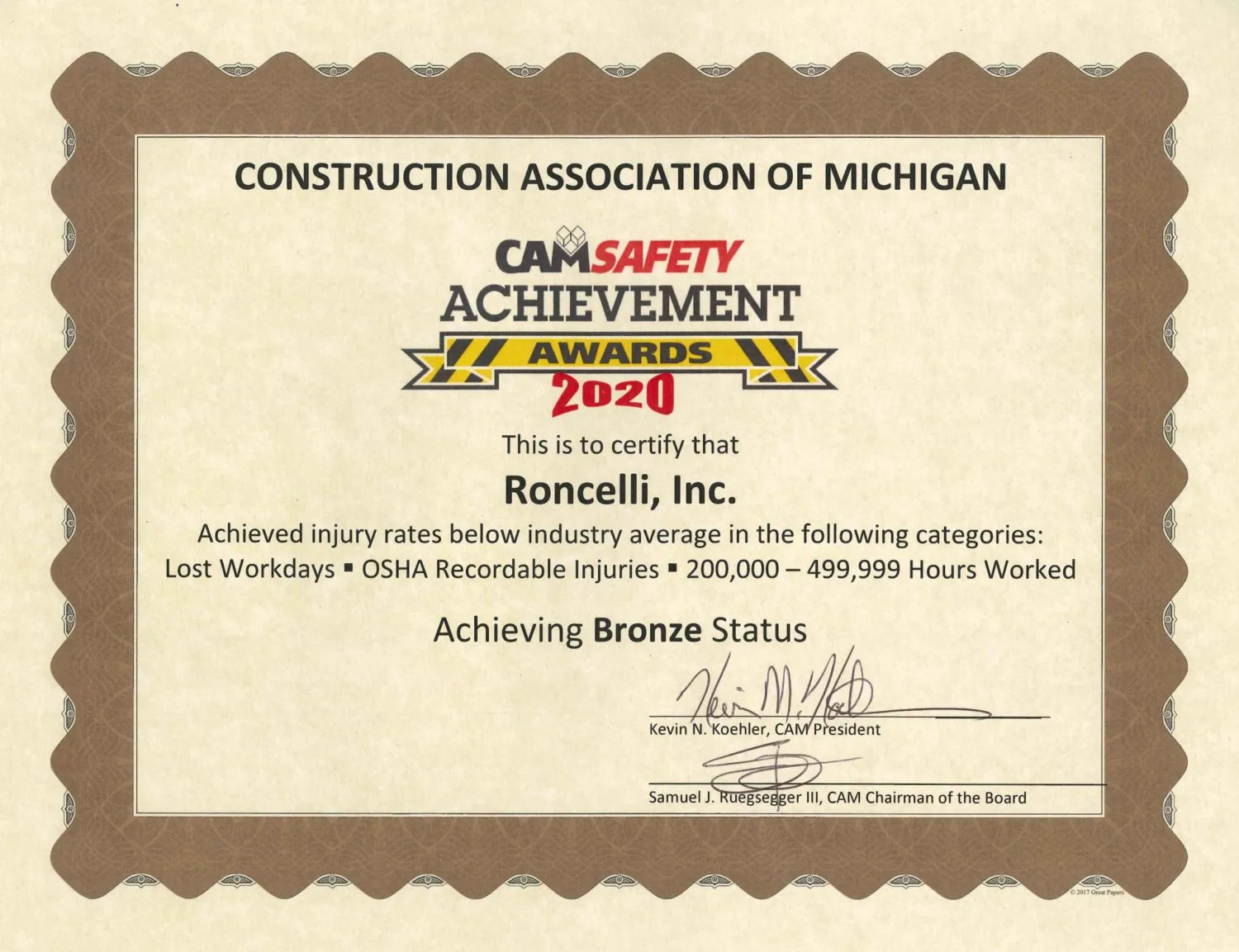 Roncelli Wins CAM Safety Achievement Award for 2020 Calendar Year