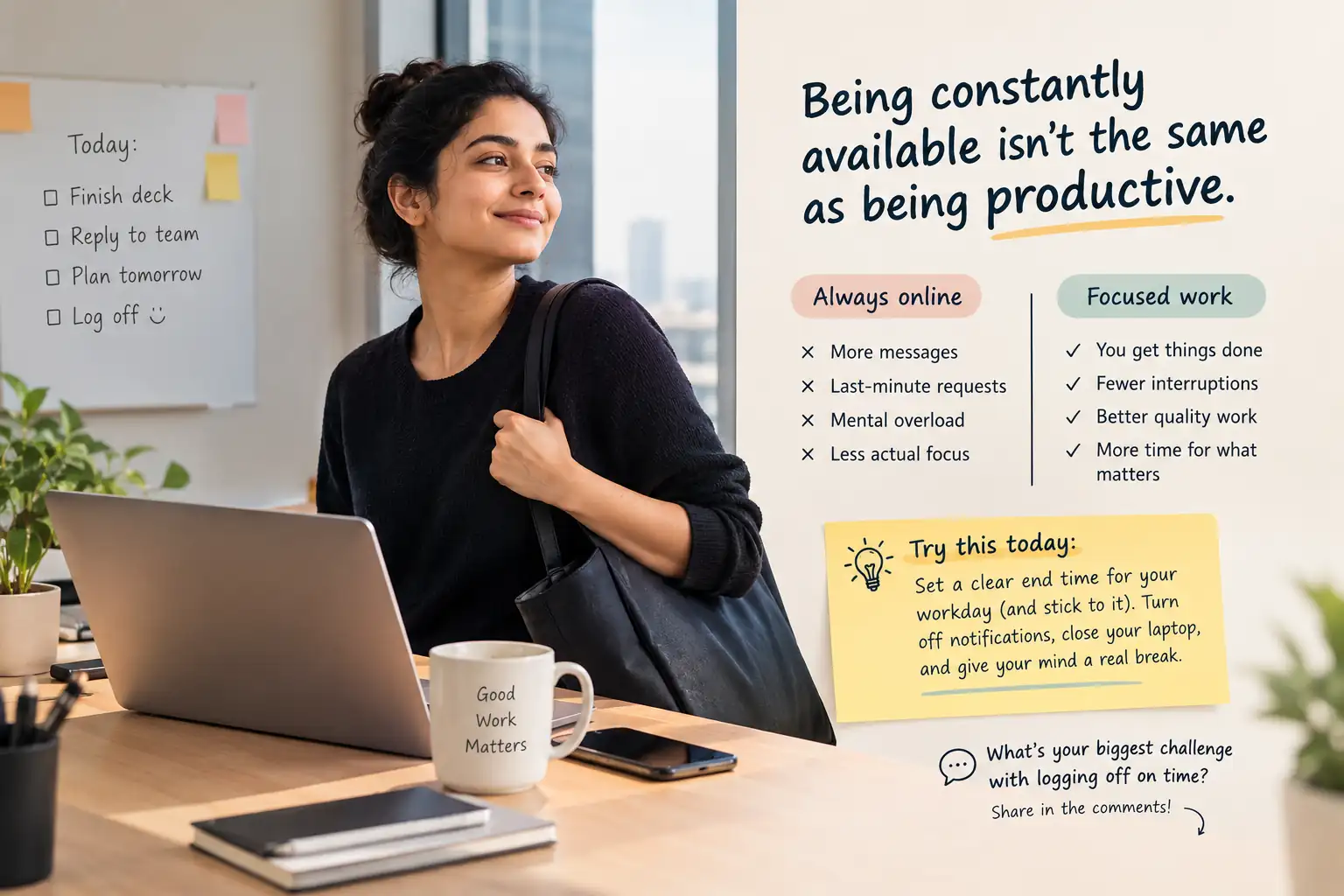 Structured AI-written Instagram caption for working professionals who feel guilty logging off