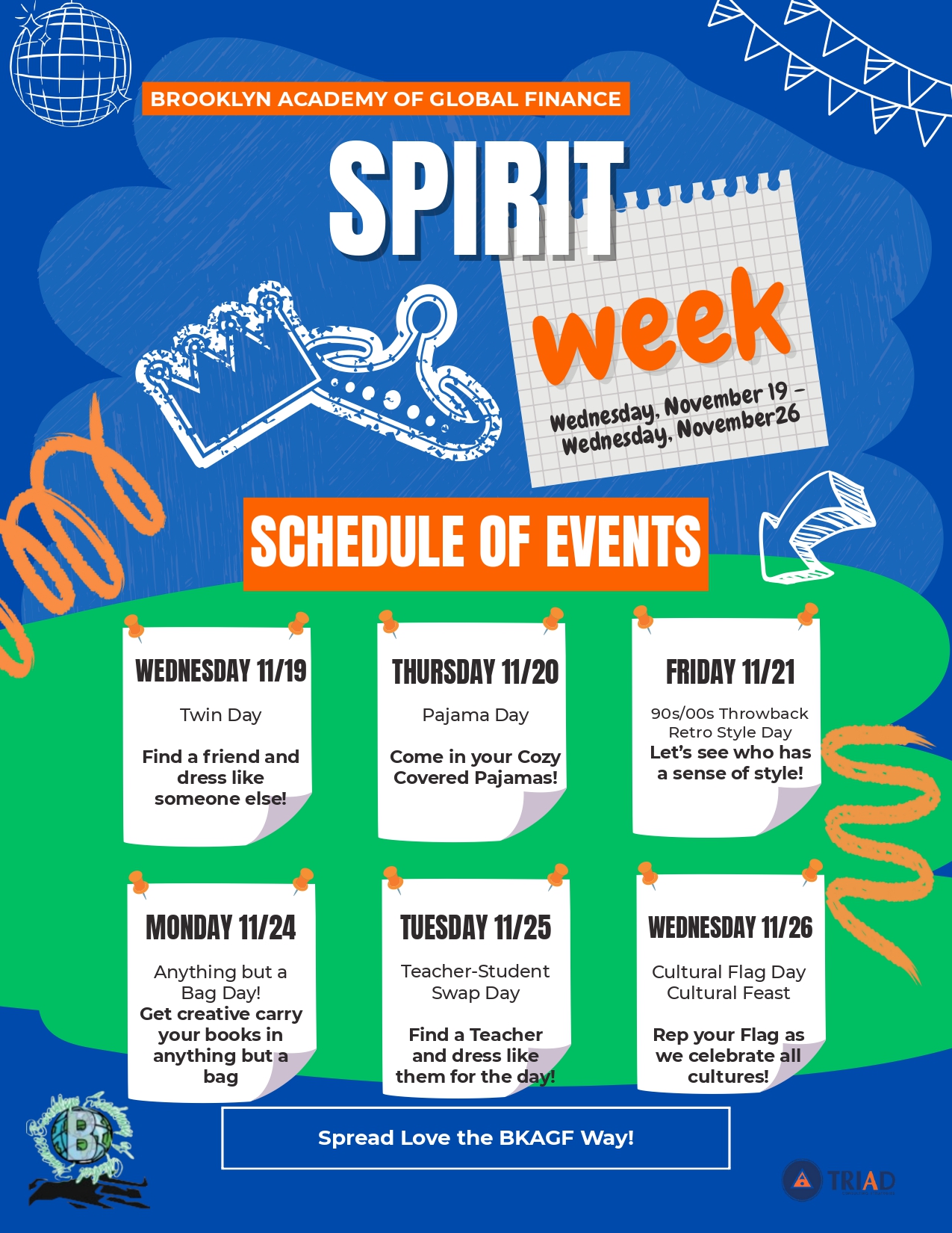Brooklyn Academy of Global Finance Spirit Week schedule November 19 through 26