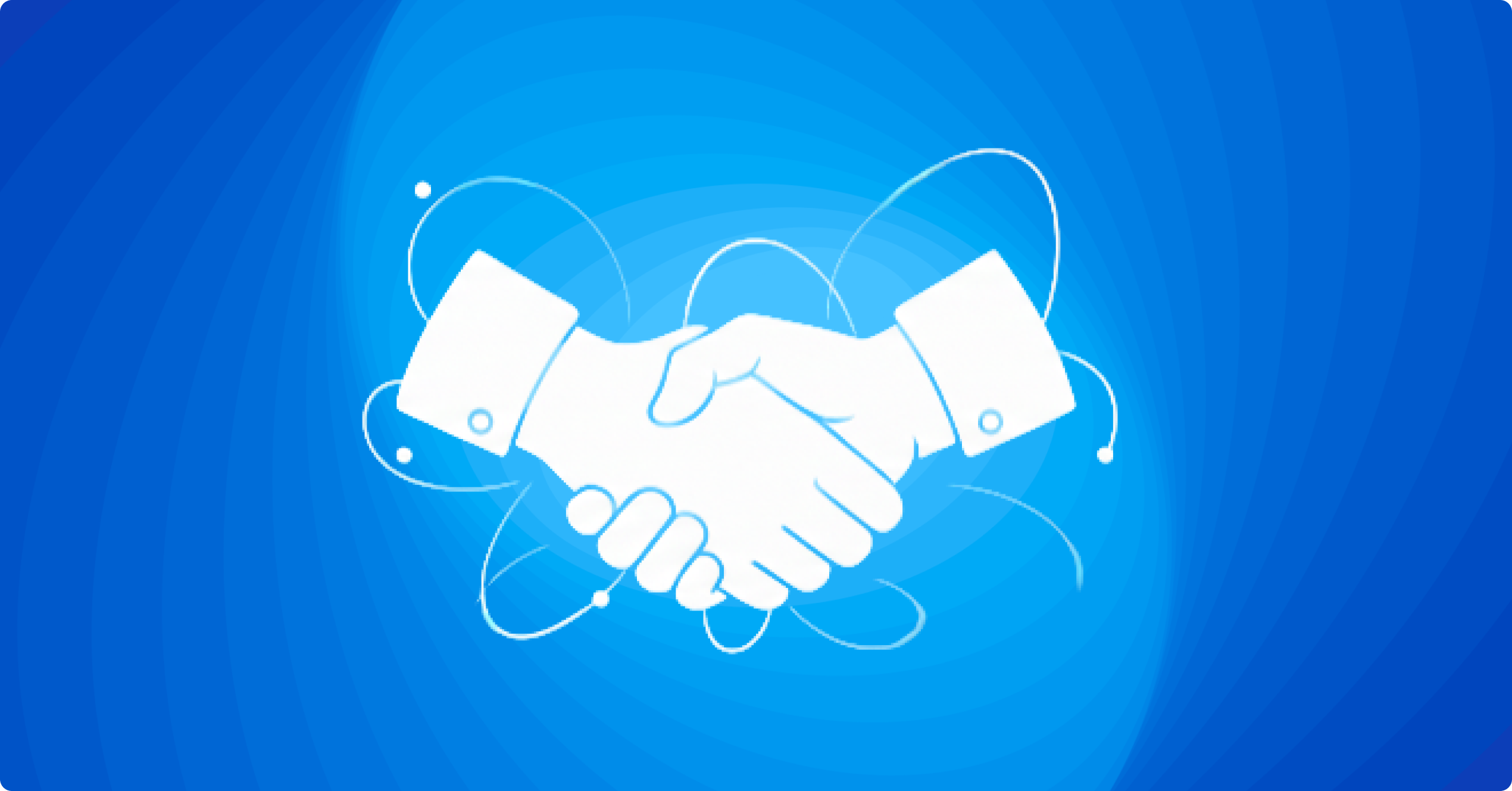 White handshake icon with orbiting lines on a blue gradient background.