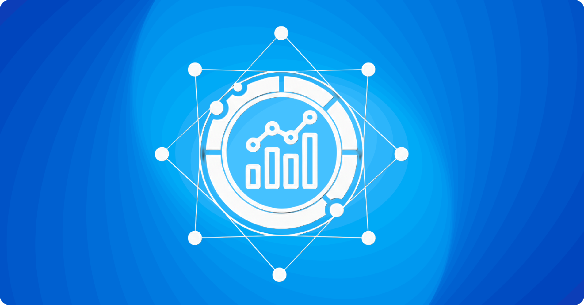 White statistical bar and line chart symbol inside a segmented circular frame connected by dots on a blue gradient background.
