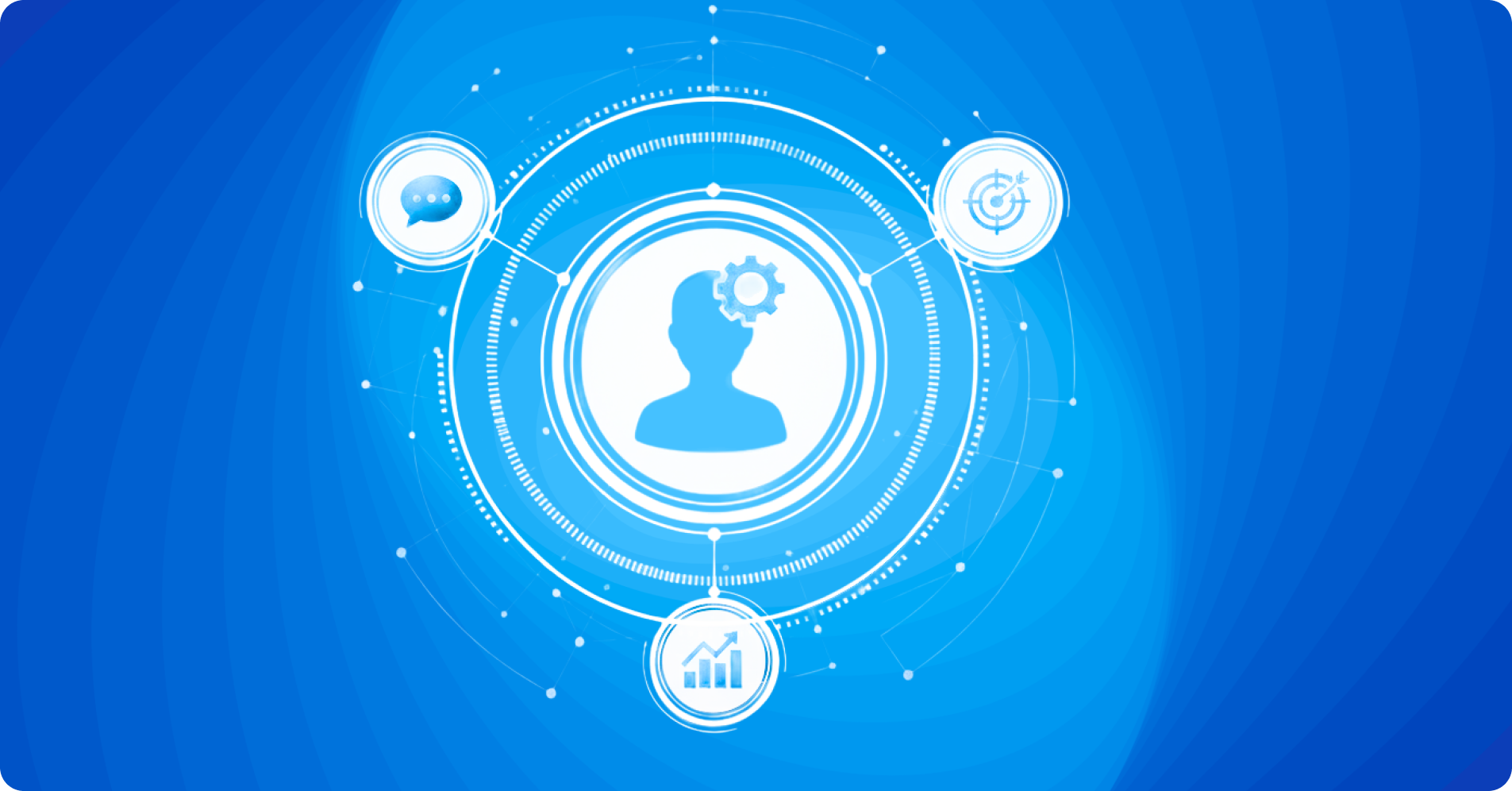 Digital graphic of a person silhouette with a gear on the head surrounded by icons for chat, target, and growth chart on a blue background.