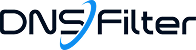 DNSFilter logo text with a stylized blue swoosh integrated between DNS and Filter.