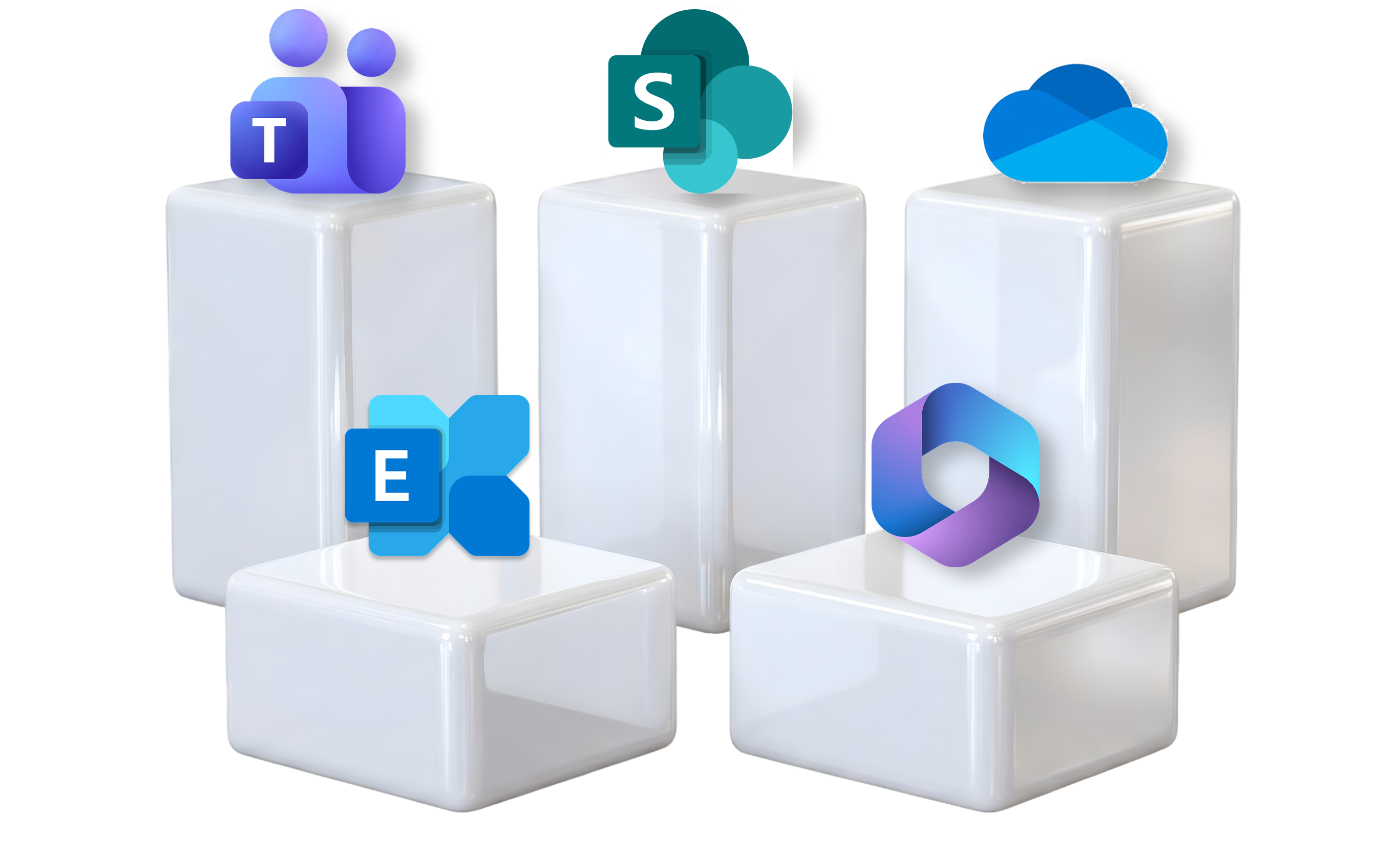 Five white 3D rectangular blocks with Microsoft Teams, SharePoint, OneDrive, Exchange, and Microsoft Loop logos on or in front of them.