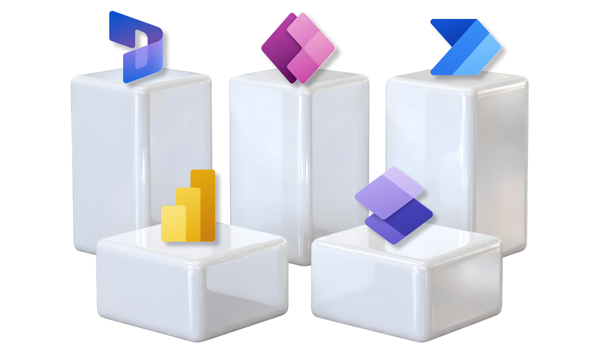 Five white cubic pedestals each topped with different Microsoft Power Platform app icons including Power Apps, Power Automate, Power BI, Power Virtual Agents, and Power Fx.