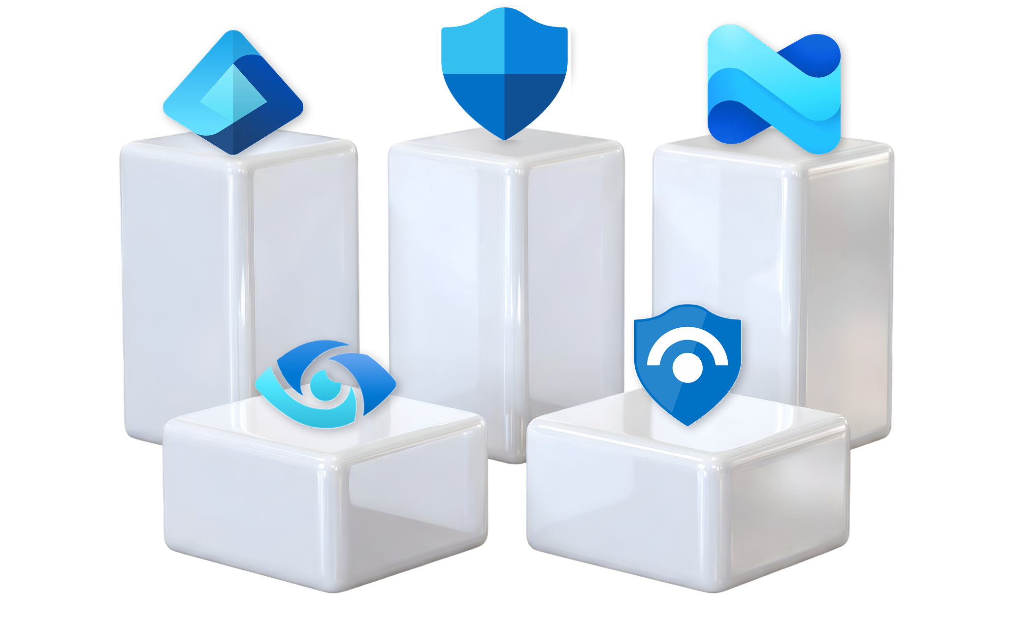 Five white, glossy rectangular pedestals arranged in two rows with five different blue tech logos on and above them.