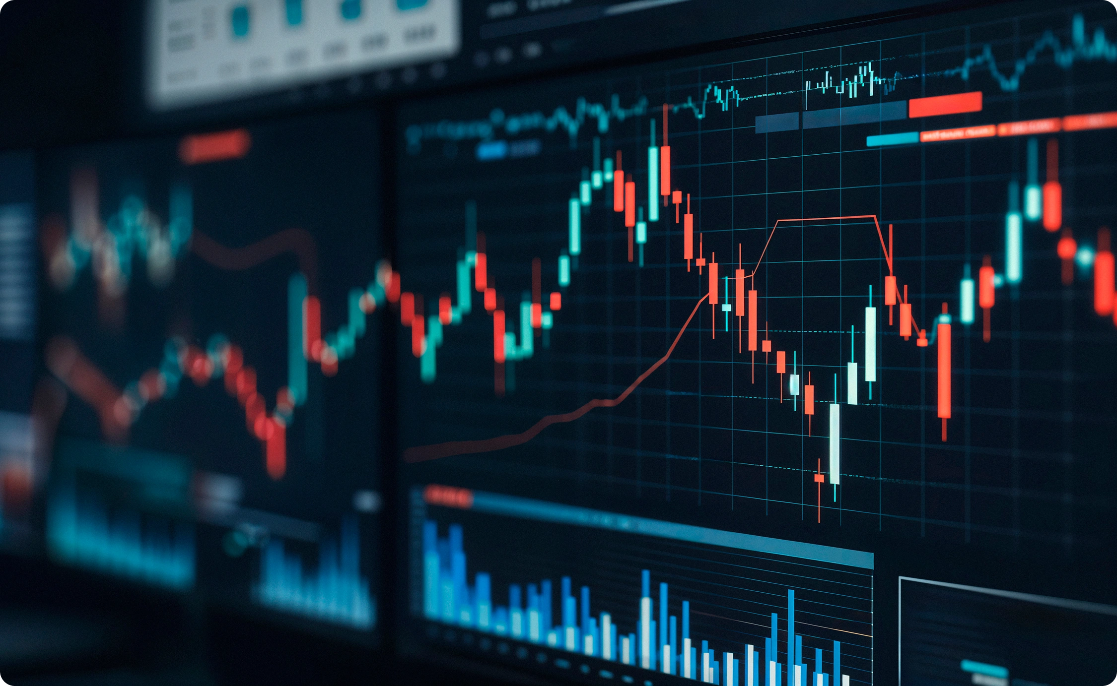 Digital stock market charts with blue and red candlestick patterns and volume bars on a dark screen.