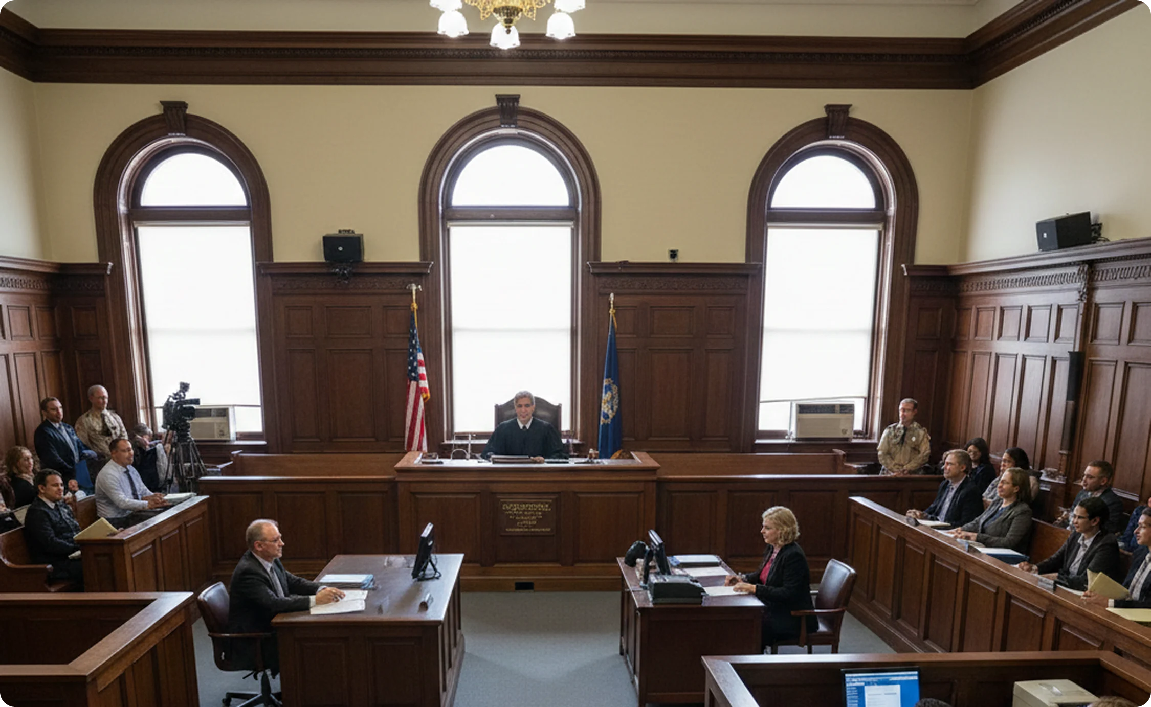 Judge sitting at the bench in a formal courtroom with two lawyers seated at desks facing each other and audience and officers in the gallery.
