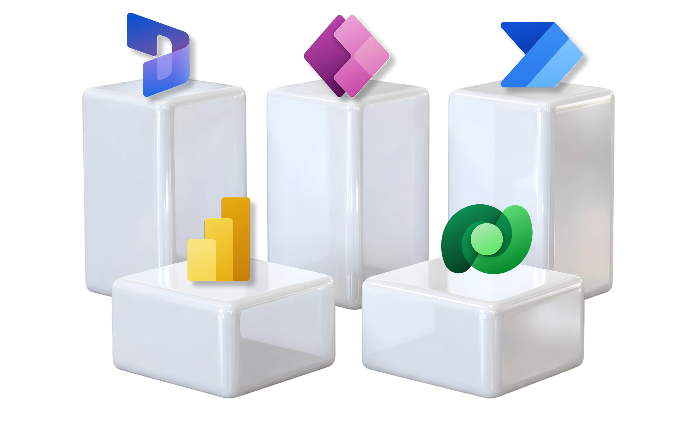 Five white cubic pedestals each topped with different Microsoft Power Platform app icons including Power Apps, Power Automate, Power BI, Power Virtual Agents, and Power Fx.